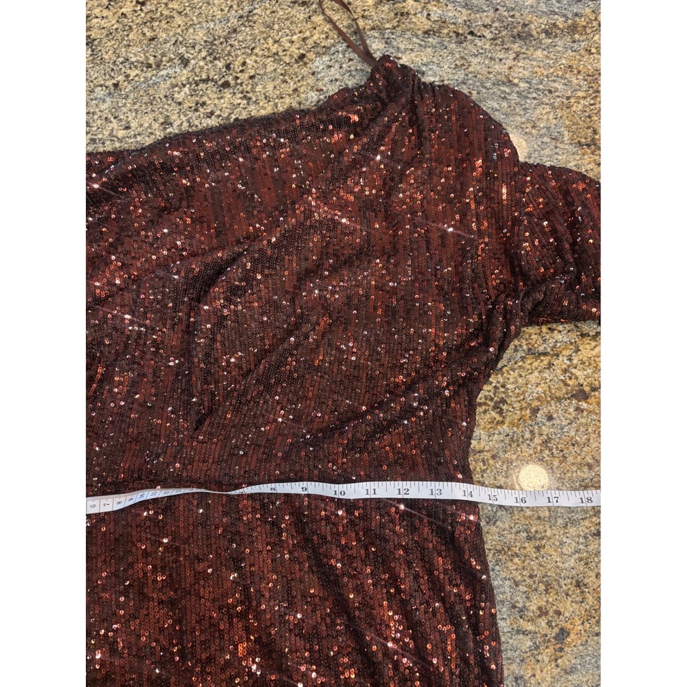 Betsy & Adam Georgia Brown Sequin Off the Shoulder Gown A25492 Size 10 Wedding - Picture 4 of 13